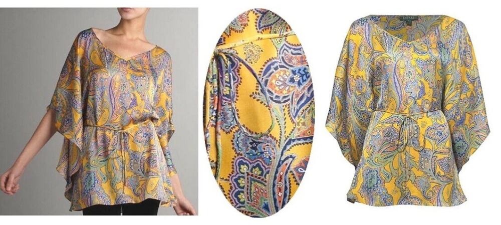 Lauren Ralph Lauren Golden Yellow Paisley 100% Silk Caftan Tunic Top - Medium
